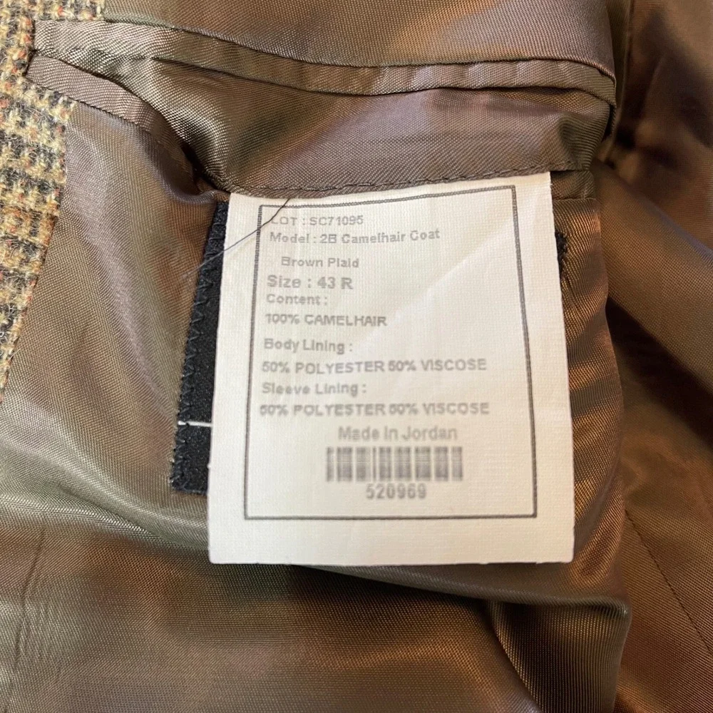 Jos A Bank Mens 43R Brown Plaid 100% Camel Hair 2B‎ Sport Coat Blazer